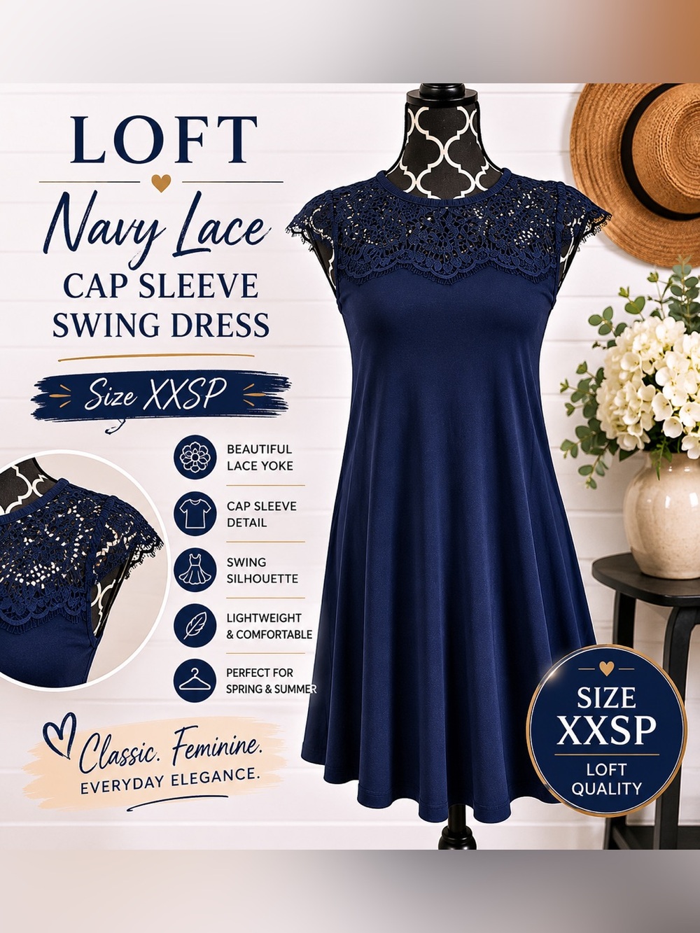 LOFT Navy Lace Cap Sleeve Swing Mini Dress‎ XXSP Spring